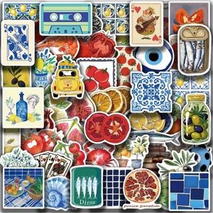50 Mediterranean Stickers Blue Tiles Tomato Fish Olives Lemon Travel